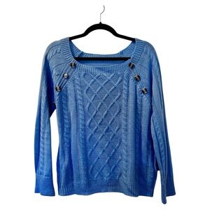 Blue Button Detail Cable Knit Sweater